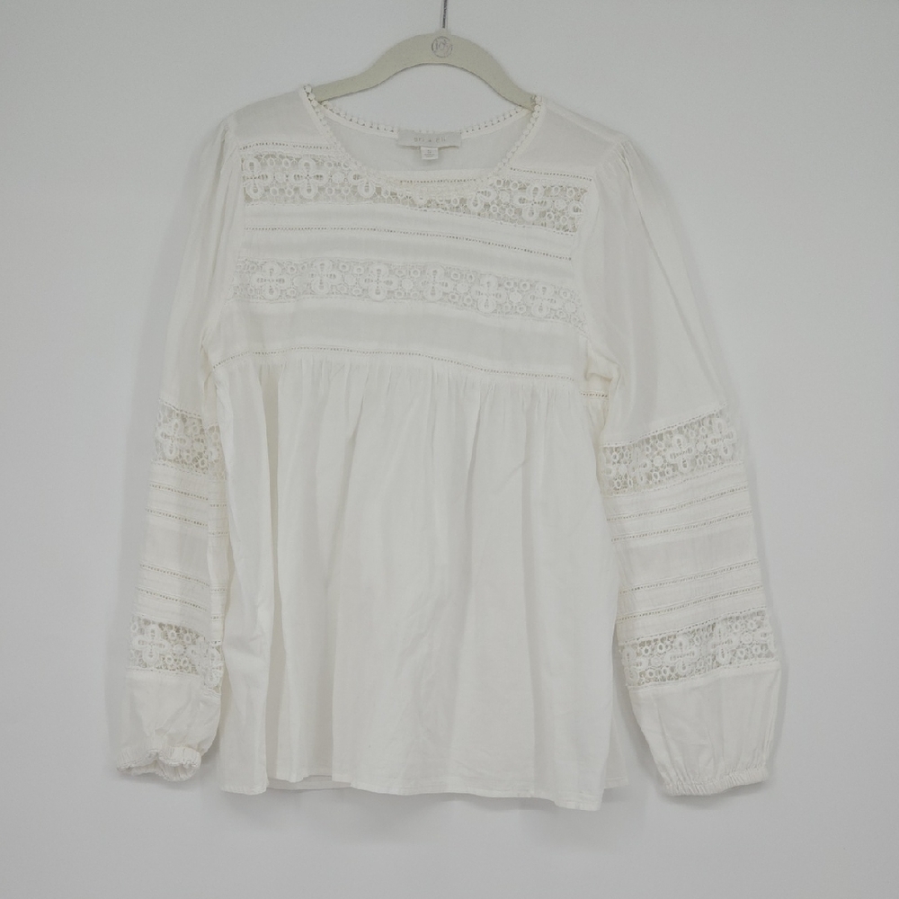 Eri + Ali Elegant Peasant White Lace Women's Top Eyelet Details Size Small